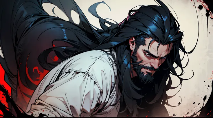 1 Man solo, solo.he has a short black beard and he has black flowing hair. Scary, horror, horror background