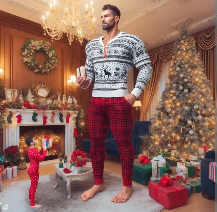 araffe man in a christmas sweater and red plaid pants standing in front of a christmas tree with a very short pale man