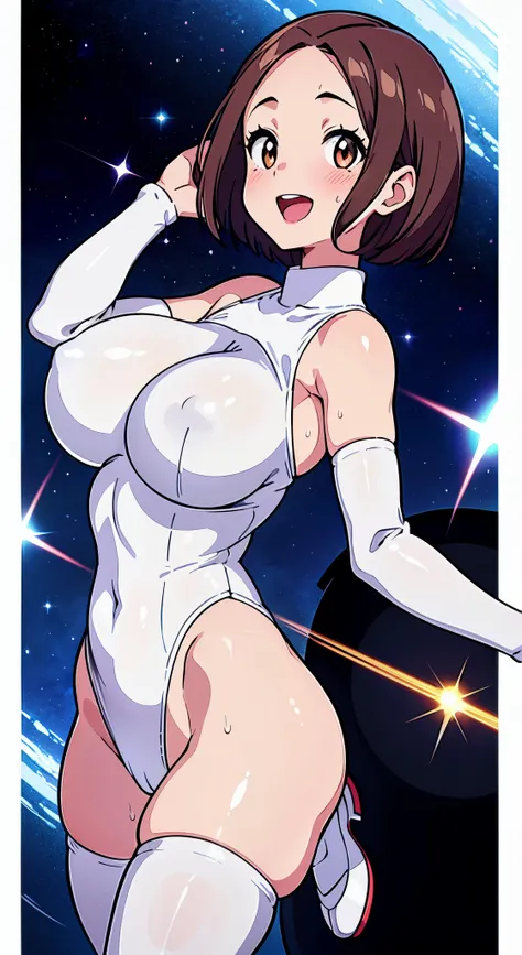 hiquality、16 K、((Huge breasts)), ((Forehead)), Parted bangs hair, :D, blush,Short hair, Brown eyes,Brown hair,adult  woman,Sweat,,white glove,OL、(((Im surprised)))、highleg leotard,White and light blue leotard、Electronic space、Jumping、Torn clothes