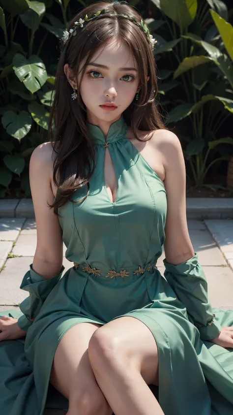 4k ultra hd, masterpiece, a girl, good face, detailed eyes, very lng hair, detailed lips, very detailed dress, green dress, closed up, dim lighting, blowing wind, sitting,