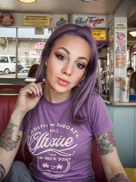 street photography photo of a young woman with purple hair, smile, happy, cute t-shirt, tattoos on her arms, sitting in a 50s diner