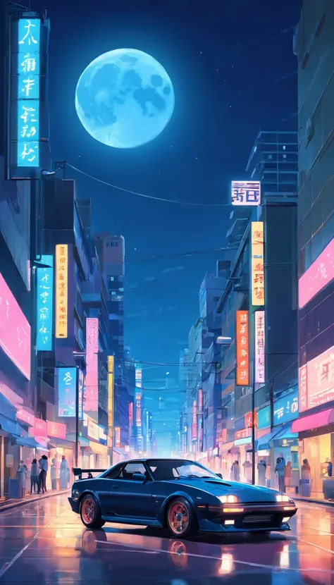 Japan Tokyo，huge full moon，the night，Black high-tech sports car，a high-tech city，Buildings，neon，Busy