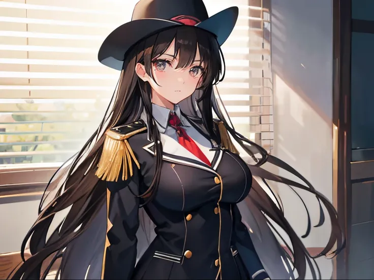 She Slightly long hair, black and slightly brownish hair, black eyes, 179 cm tall, weight 56 ​​kg, wears a uniform like a cowgirl. official fanart, made with anime painter studio, official art, made in A-1 Pictures Studio anime style