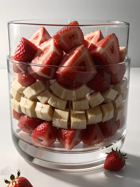 （Best quality，8K，tmasterpiece：1.3）, without humans, Clear glass, There are many watermelon slices, There are banana slices and strawberries inside, blend, Detah Podrosso, intense detail, on the white background, Clear detail, professional,（hyper realisitc：...