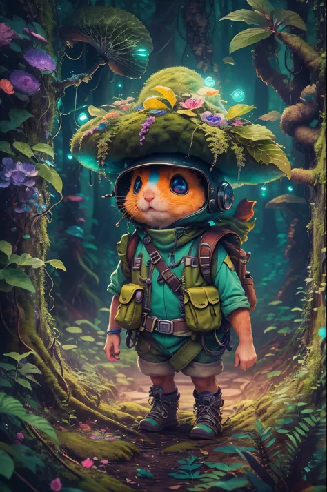 (Best quality, 8K, A high resolution, tmasterpiece:1.2), ultra - detailed, (actual, realistically, realisticlying:1.37), vibrant with colors, Magical atmosphere, Whimsical, ((1 cute hamster adventurer，Wear a set of lightweight and durable adventure gear，Ca...