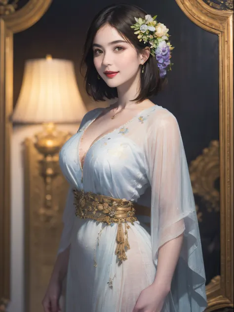 119
(a 20 yo woman,is standing), (A hyper-realistic), (high-level image quality), ((beautiful hairstyle 46)), ((short-hair)), (Gentle smile), (breasted:1.1), (lipsticks), (florals), (Light and Darkness), (rembrandt painting), (Luxurious room), (Depth of fi...