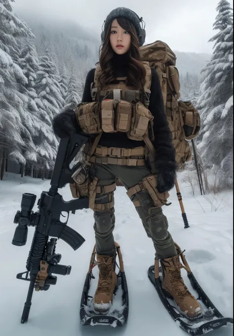 snowy forest、Realistic skin textures、Realistic Photos、automatic rifle