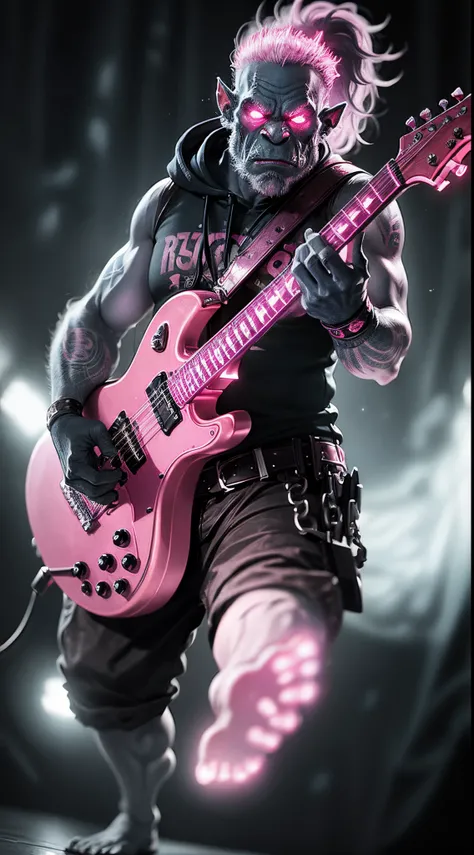 An orc playing an pink e-guitar, light spot, band, rockstar, music, extremely detailed, realistic hand and feet, colored lights, uhd, 8k