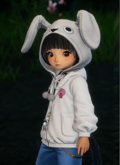 There is a doll with a bunny hat and a bag.., Black-haired girl in a raven, render of a cute 3d anime girl, Rabbit suit, Dressed as a rabbit, To the crow, Full Body Shot Hyper Detail, Full-body detail, Wearing a hood with pointy ears, cute characters, The ...