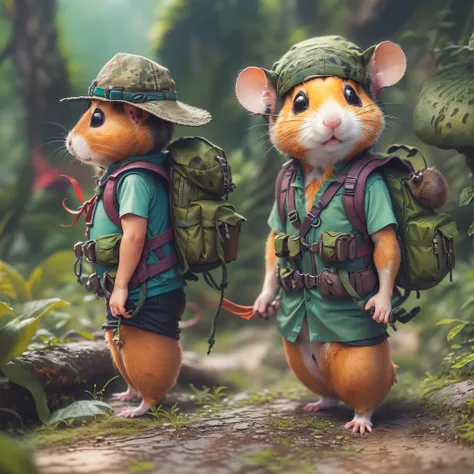 (1 cute hamster adventurer，Hamster adventurer wears a lightweight yet hard-wearing adventure outfit。A camo-colored adventure vest，Plenty of pockets for carrying gadgets and food。Wearing an adventure hat，The hat has a string tied to the chin，Hamster adventu...