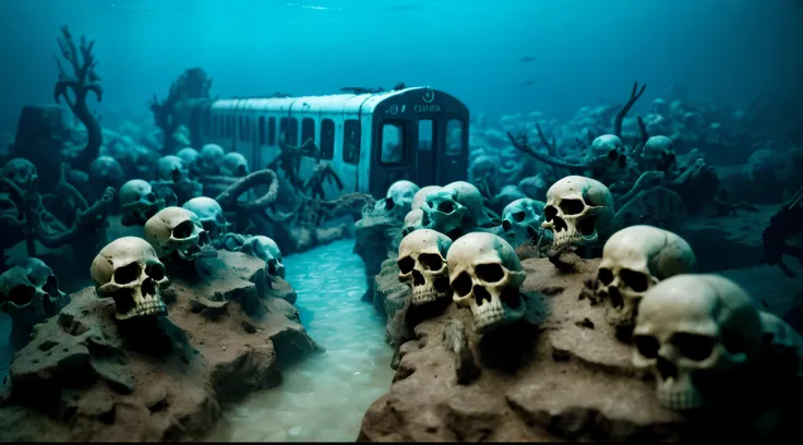 there are many skulls and skulls on the bottom of the ocean, inside an underwater train, underwater statues, in a underwater horror scene, creepy!!, terrifying but fascinating, thalassophobia, sunken ship, submerged underwater, sunken, creepy surrealism, s...