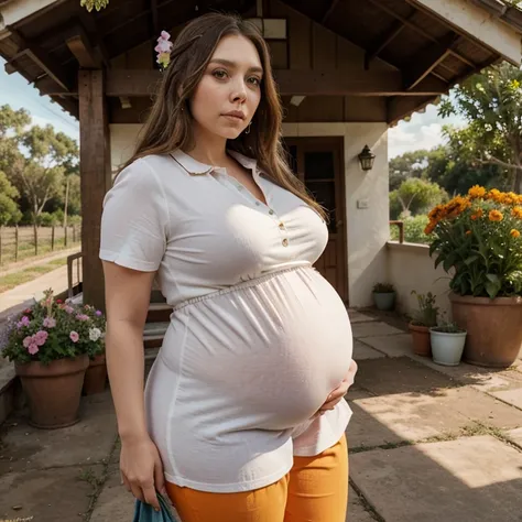 Elizabeth Olsen estilo chubby bbw,obesa,barriga grande de obesa,cintura larga,Elizabeth olsen bem gorda,rosto redondo, shirt with flowers and orange pants,standing on the porch of a farm, bem realista,ultra hd,pregnant style belly