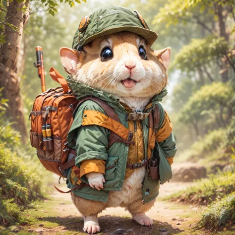 1 cute hamster adventurer、(garments：hamster adventurer wears a lightweight yet hard-wearing adventure outfit。this outfit can inc...