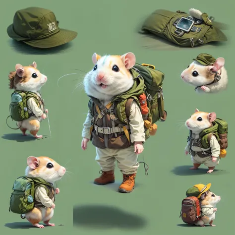 1 cute hamster adventurer，(garments：Hamster adventurer wears a lightweight yet hard-wearing adventure outfit。This outfit can include a camo-colored adventure vest，Plenty of pockets for carrying gadgets and food。It can also wear an adventure hat，The hat has...