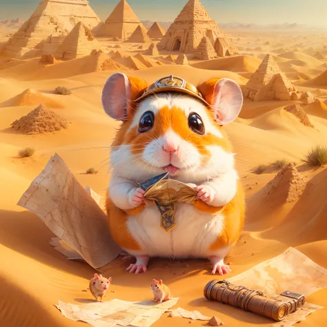 in the vast desert, A hamster excitedly embarks on an adventure，Dress up in a special explorers costume，The outfit also has small pockets，Necessary tools and food are allowed, Wearing a wide-brimmed helmet，Tie a bright silk scarf on it, After wearing trend...