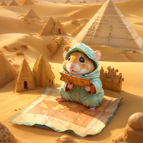 in the vast desert, A hamster excitedly embarks on an adventure，Dress up in a special explorers costume，The outfit also has small pockets，Necessary tools and food are allowed, Wearing a wide-brimmed helmet，Tie a bright silk scarf on it, After wearing trend...