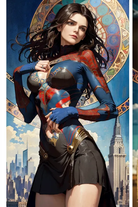 Rachel Weisz、Sticking out the navel、newyork、She wears a torn Spider-Man suit,wearing skirt、abstract photorealistic、artistic、Alphonse Muchas painting(​masterpiece、top-quality、hight resolution:1.4)、detaileds、intricate-detail、4K、color splashes、line-drawing、Fi...