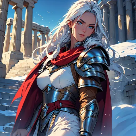 ​masterpiece, Best Quality, 4k, Background with:In front of the snow-covered stairs of a Greek temple with snow-capped mountains in the distance, One female Valkyrie warrior wearing silver armor and dark red cape, super saiyan head, Fantasy, close up portr...