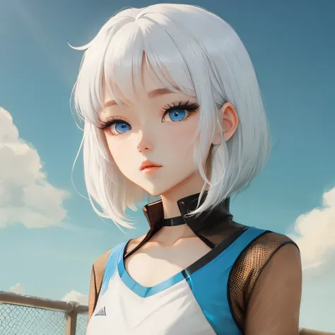 Anime style Neutral White hair Blue mesh Medium length Blue eyes