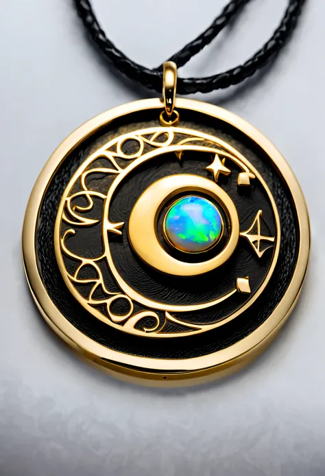 Qingdao Chiho style，Item design, Brand design, Logo design, (Sagittarius black and gold round abstract pendant), (Engraved golden Sagittarius pattern), (double opal: 1.3), (Sagittarius zodiac symbol: 1.2), (The pendant is engraved with the letters cindy xu...