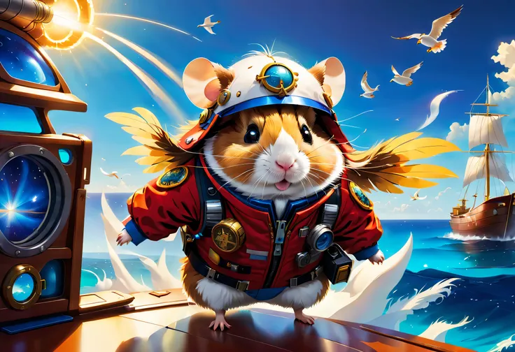 (1 cute hamster adventurer。tas&#39;Wearing a bright red adventure suit，Jacket with badge and pockets，It&#39;s filled with all kinds of useful tools and food。Hamster wearing black adventure hat，There is a feather pinned to the brim of the hat，Looks stylish)...