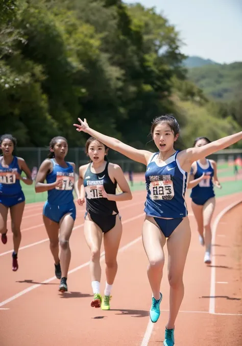 Track & Field Athletes、buruma、majicMIX Real、(Raw photography:1.2)、(Photorealsitic:1.4)、The beauty of beautiful details　and delicate facial expressions、bionde、NSFW､athletic field、18 talented women、5 women、Lower body naked、Full body