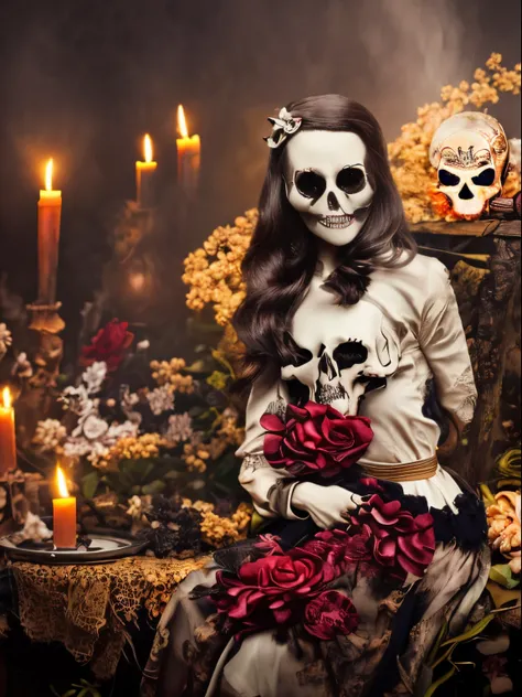 masterpiece, best quality, intricately detailed, a woman, beautiful, elegant, smile, blood, iridescent long hair, bangs, skirt, shirt, long sleeves, frills, shoes, (red and black:1.4), flower, creepy, horror, skulls, long hair, black hair, candle, hair flo...