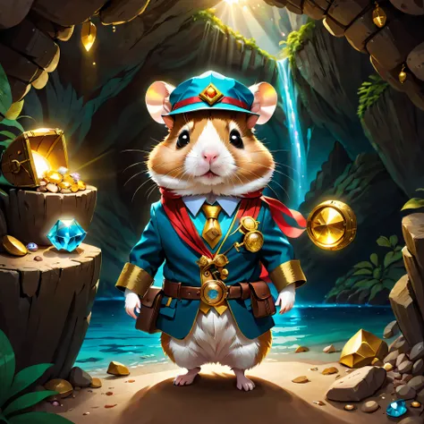 1 cute hamster adventurer walks into a dark cave，A faint ray of sunlight shines through the gap in the suit，Wear a custom adventurer outfit. The outfit also has small pockets，Allowed to bring necessary tools and food, Wearing a wide-brimmed straw hat，Tie a...