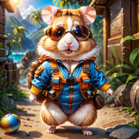 1 cute hamster adventurer, HD picture,((RAW photos)),((Best quality)),Full body lesbian,(realisticlying:1.3),(tmasterpiece),Wear adventurer clothes and gear，wearing goggles,sun glasses,There is cleavage,围巾,hairy pubic hair,jumpsuit,Cartoons,4K,A lot of det...