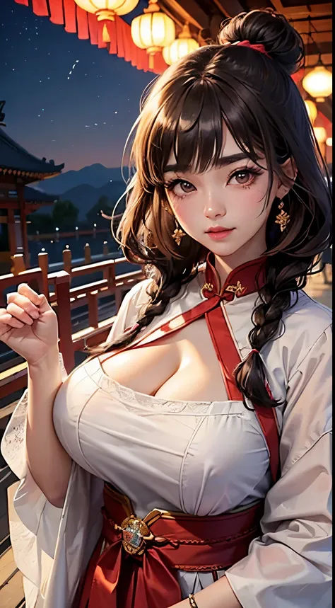 K-pop idol: 1.2, mix4, 1 Korean girl, 14岁, (Light eyebrows: 1.4), Shiny brown eyes, Bun head, Tie two braids, old castle, Chinese temple, Mountain high, Beautiful Details Sky, the street (crowd of:1.2), the night, (nose blushing), Hanfu, Happy, ssmile，huge...