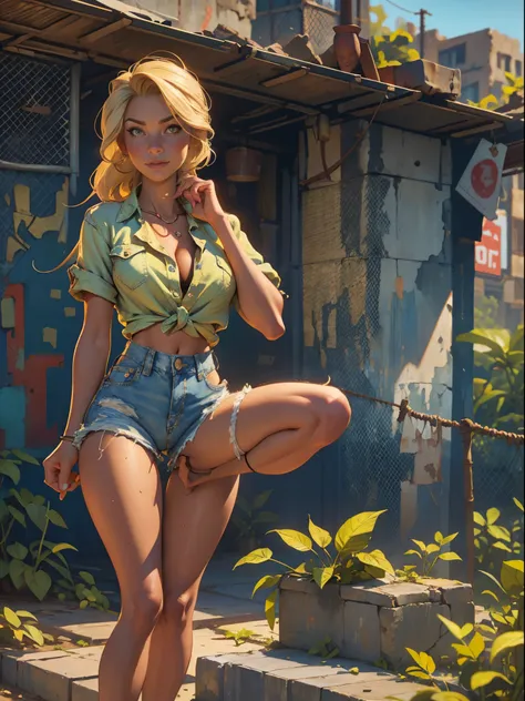 2076 year. The Urban Ruins of the Wasteland, Female huntress picking fruit in the garden, beautiful face, blonde, badly torn shirt and denim shorts ,  long legs, sweating through, sun rising, Nice warm colors, head to toe, full body shot, pretty hands, per...