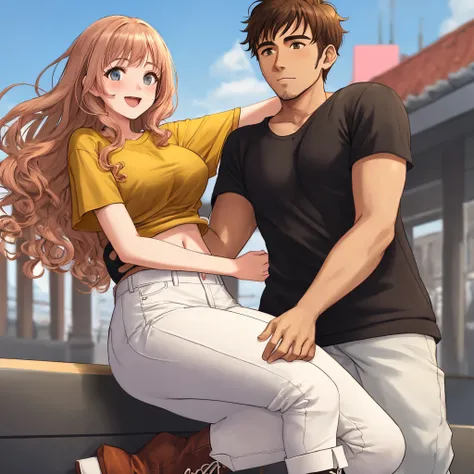 Um casal sendo um homem de pele branca e barba grande na cor preta, vestindo uma camiseta de manga comprida rosa escuro, beige pants, touca marrom e sapato marrom. The woman hugging him, She has big black curly hair and is wearing a light pink knitted t-sh...