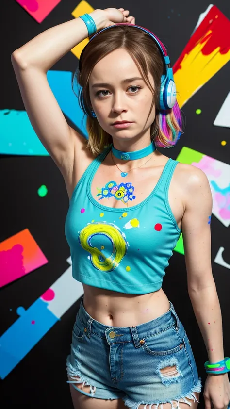 Brie Larson、​masterpiece, top-quality, 1girl in, 独奏, croptop, Denim shorts, a choker, (doodle:1.5), Paint Splatter, arms behind back, Hitting a wall, Look at viewers, Armbands, Thigh strap, Paint on the body, tilt of the head, tedium, O cabelo multicolorid...