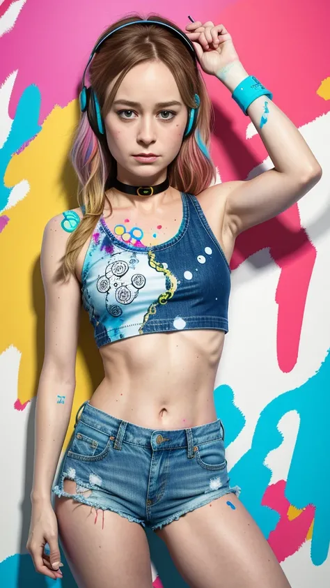 Brie Larson、​masterpiece, top-quality, 1girl in, 独奏, croptop, Denim shorts, a choker, (doodle:1.5), Paint Splatter, arms behind back, Hitting a wall, Look at viewers, Armbands, Thigh strap, Paint on the body, tilt of the head, tedium, O cabelo multicolorid...