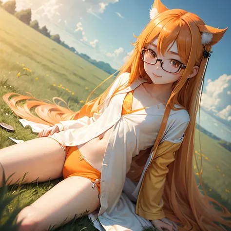 Orange long hair、hime-cut、Golden Eyes、eye glasses、ssmile、early teenage girls、flat chest、Thin pubic hair、Beautiful open legs、Light bathrobe、grass field