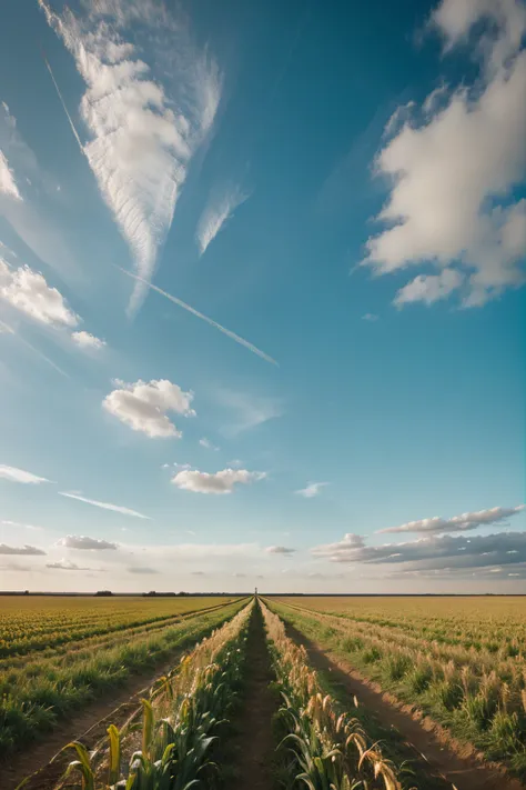 View from a low perspective of a row of new corn stalks in a field in the spring