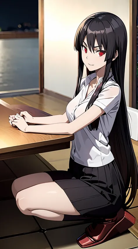 ((masters piece, best quality)) Akame(Akame GA kill),black hair, red eyes  ((very long hair)), beautiful eyes, background school, ((Thai university  uniform))