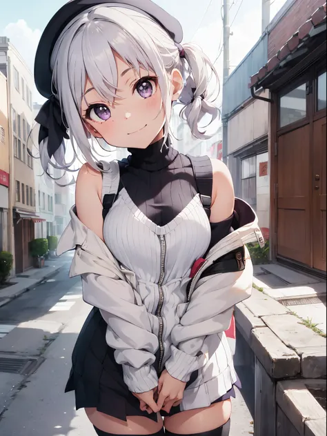 masutepiece, Best Quality, Hi-Res, white  hair、Light purple eyes、Bob Hair、Long sideburns、Akira C1, Ribbed sweater, sleeveless turtleneck, White jacket, off shoulders, bow ribbon, beret, Long hair, Solo, Looking at Viewer, Smile, Closed_Mouth