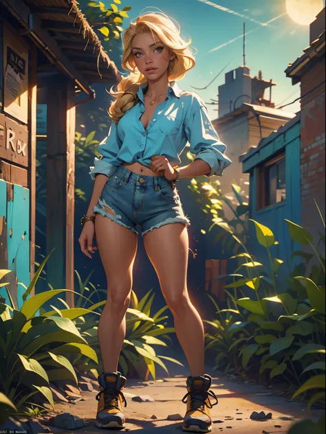 2076 year. The Urban Ruins of the Wasteland, Female huntress picking fruit in the garden, beautiful face, blonde, badly torn shirt and denim shorts ,  long legs, sweating through, sun rising, Nice warm colors, head to toe, full body shot, pretty hands, per...