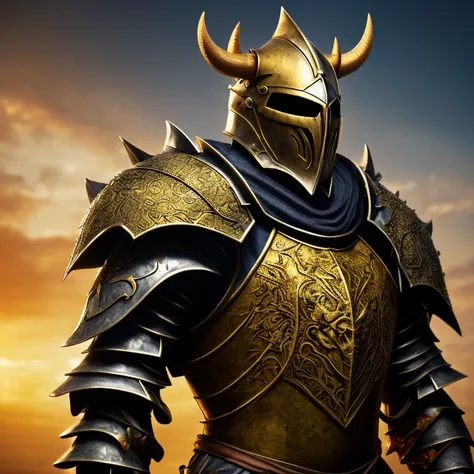 Hulking knight with horned helmet and blue armour with a jewel encrusted long sword, behind view, facing away from the camera, golden hour,