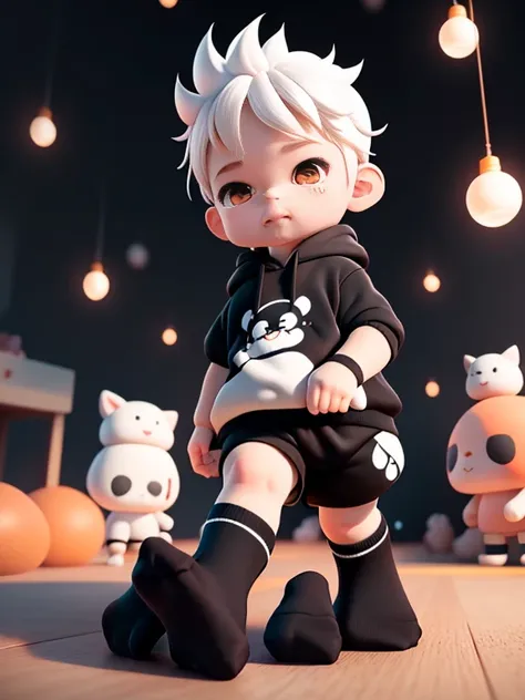 1 chubby Little boys with White hair and shiny orange eyes and barefoot wearing a hoodie, and oversized sweatpants stand on a floor, young, boy, child,  toddler, sparkles falling from sky, night, dark, soft light, (sweatpants:1.4), (Boy:1.4), (Shota:1.4), ...