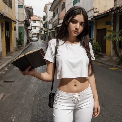 Ultra realista, 1personagem adolescentes mulher branca, cabelo cacheado, local rua ao lado de casas, reta para frente, estatura media, pouca peitos e bunda, Black blouse and white pants, ar livre ensolarado.