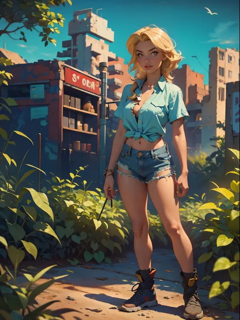 2076 year. the urban ruins of the wasteland, female huntress picking fruit in the garden, beautiful face, blonde, badly torn shi...