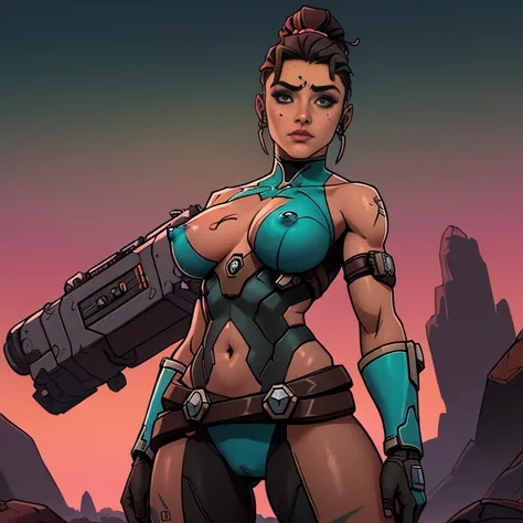 (((nsfw, SCI-FI, pele escura, desenho de linha, aquarela, seios muito grandes, seios enormes))), uma nsfw arte de personagem HD, personagem mulher negra do jogo Borderlands, cabelo preto preso em um longo rabo de cavalo e ondulado com reflexos azuis, verde...