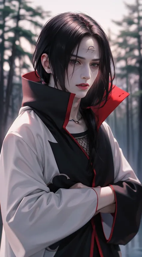 young man, pale skin, long black hair, black eyes, big lips, blackcloak akatsuki, Itachi Uchiha, realistic, 3d, forest