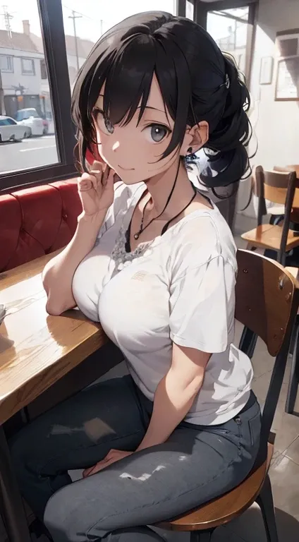 Best Quality, masutepiece, 超A high resolution,(Photorealistic:1.4), (Raw photo:1.2), (sit a chair:1.2), (detailed buttocks:1.1), In the restaurant,half_Smile, Detailed eyes, (Looking at Viewer:1.2), (gray casual clothes), (casual pants:1.2), (Beautiful fac...