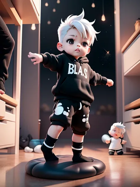 1 chubby Little boys with White hair and shiny black eyes and barefoot wearing a black hoodie, wearing a black watch, and oversized sweatpants stand on a floor, young, boy, child,big toddler, sparkles falling from sky, night, dark, soft light, (sweatpants:...