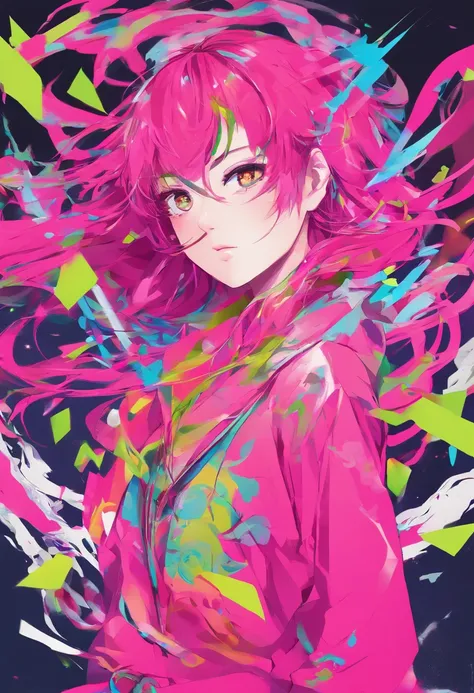 Fluorescent pink hair、Fluorescent Green Clothing、neon color、Vivid Color、battle garments、length hair、illustratio、Saturated colors、Dynamic angles、dynamicposes、Rin々Shishi Face、Dynamism、Two people、frontage、simultaneous、Attack Motion、Facing the front、Saturated ...