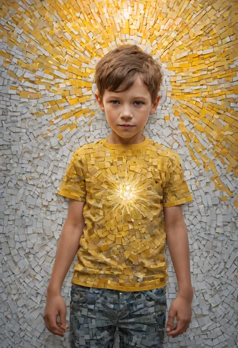 portrait of a boy ,radiation mosaic:1.2, catch the sun:0.8, like shards of glass，inject warmth and energy into a space:0.4 flash...