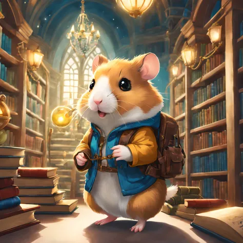 (A hamster,Cartoons) dressed in (Adventure set,Outdoor adventurer clothing) Stand at front (Magic Library,a library full of books,Magical bookshelves,Mystery Collection). hamster and a (Explorer backpack,Adventure backpack) on its back. The library is full...